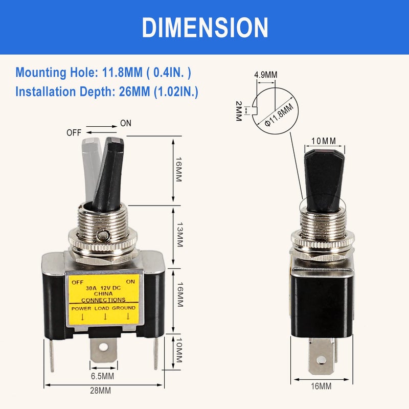 DMWD 2pcs LED Lighted Rocker Toggle Switch 12V 30A SPST ON/Off 3-Pin Metal Bakelite Housing with Terminals for Car Truck Boat (Blue) - Image 2